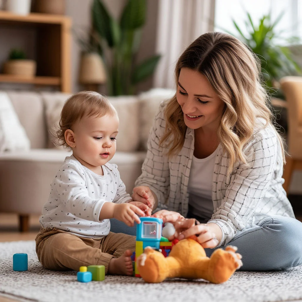 Няня и ребенок играют