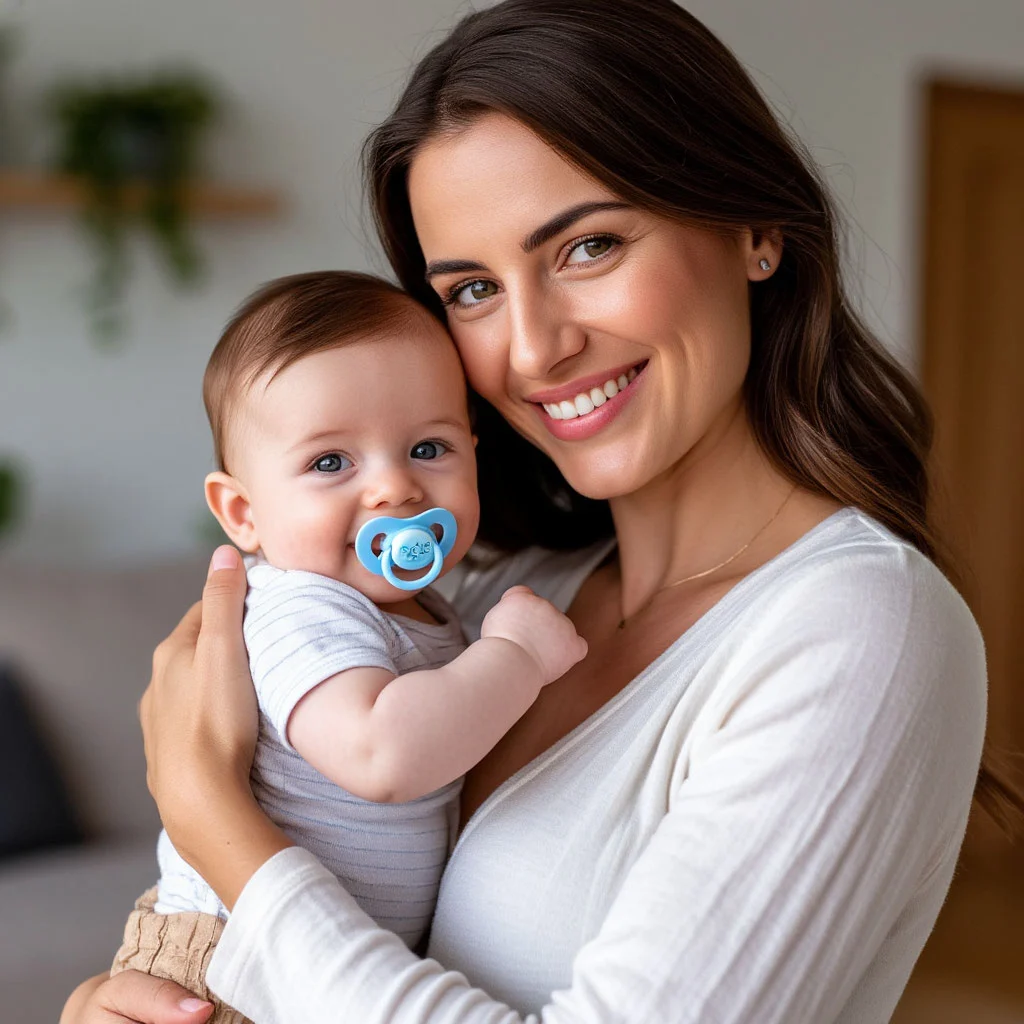 Няня держит на руках грудничка с соской