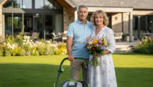 семейная пара возле загородного дома