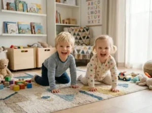 Two smiling toddlers, a boy and a girl, crawl on a beige patterned rug in a bright playroom with shelves of toys and books.