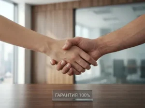 Two people shake hands across a conference table in an office; a glass sign on the table reads 'ГАРАНТИЯ 100%' indicating a 100% guarantee.