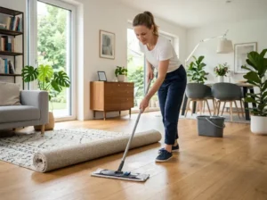 Woman mopping a wooden floor in a bright living room with plants and modern furniture.