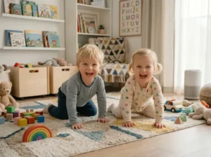 Two smiling toddlers crawl on a colorful rug in a bright playroom with shelves of books, toys, and an alphabet wall print.