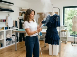 Woman in a white shirt steams a navy lace dress on a dress form in a bright sewing studio.