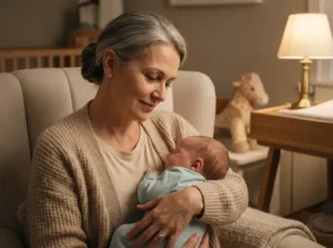 Grandmother cradling a newborn in a beige living room chair, softly lit by a table lamp.