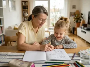 Grandmother helping granddaughter practice letters at home, smiling over an open workbook with ABCs visible on the page.