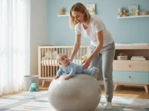 Mother helps baby balance on a large exercise ball in a bright nursery with a crib and shelves in the background.