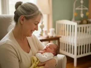 Older woman cradling a sleeping newborn baby in a cozy living room with a nursery in the background