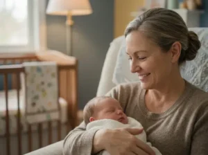 Smiling woman cradles a sleeping baby wrapped in a white blanket in a cozy home setting