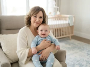 Woman holding a smiling baby on a sofa in a cozy living room with a baby crib in the background.