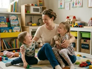 Mother sitting on the floor with two young children, smiling and playing with toys in a bright playroom with shelves and colorful items nearby.