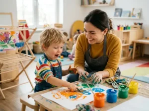 Child and adult caregiver painting with bright colors at a small table in a sunny classroom.