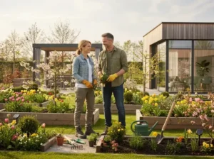 Couple gardening in a sunny backyard, planting flowers with gloves and tools nearby