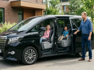 Father stands by a black minivan with the sliding door open as two kids sit happily in the back seats inside the vehicle 3a8 (smiling girl in the middle row and a boy in the rear seat).